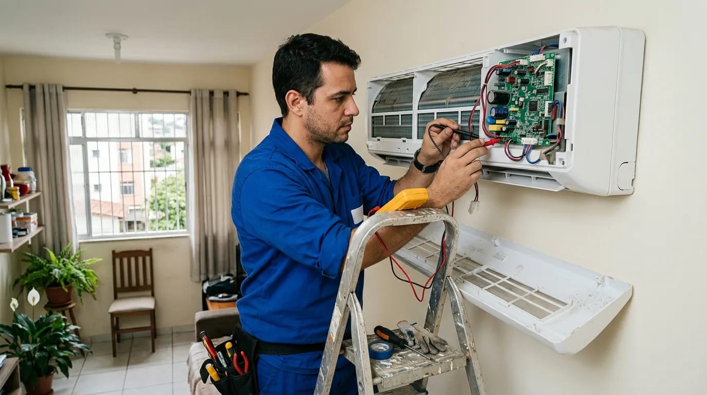 Eletricista ligando a placa do ar-condicionado split em Taubaté‑SP